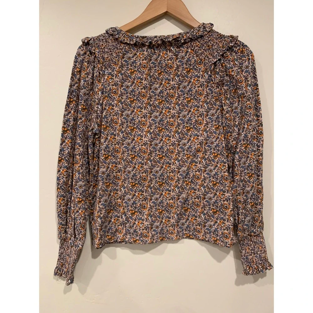 Boden‎ Womens Floral Smocked V-Neck Top Size 6 Orange Blue Ruffle Cotton Jersey